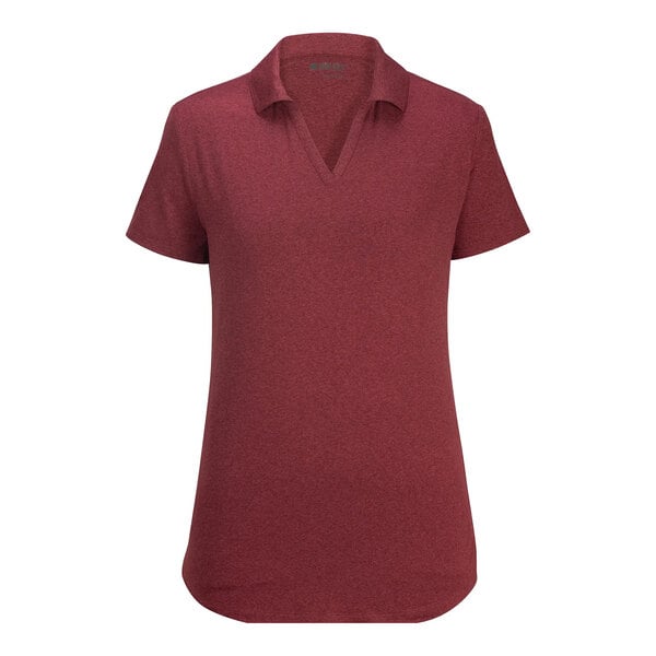 A short-sleeve, scarlet heather polo shirt with a collar and V-neck design.