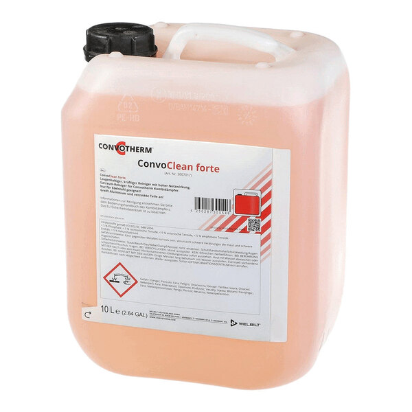 A large translucent plastic container with a black cap, filled with a pink liquid and labeled 'ConvoClean forte' on the front.