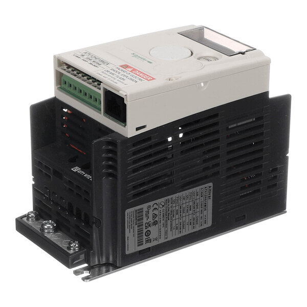 A compact electronic device with a white top section featuring control buttons and connection ports, mounted on a black vented base with a label and terminal screws visible.