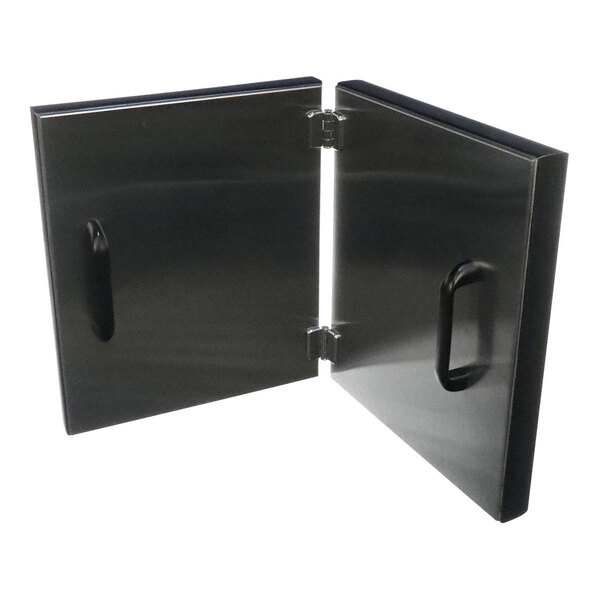A pair of black rectangular panels connected by hinges, each with a recessed handle.