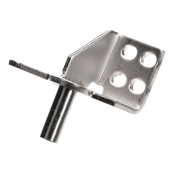 A metal hinge component with a cylindrical pin and a flat plate featuring four circular holes.