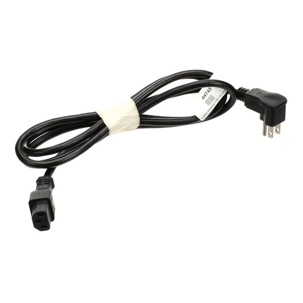 A black power cord with a three-prong plug on one end and a C13 connector on the other, coiled and secured with a white band.