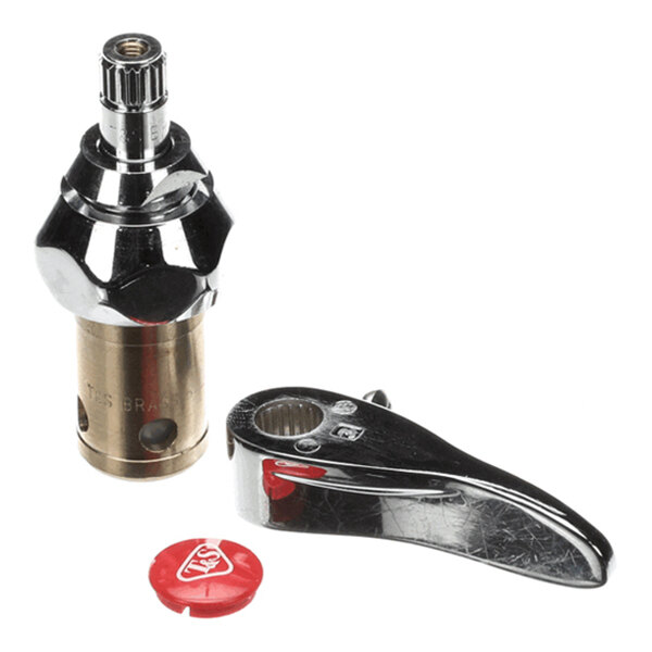 A metallic valve cartridge assembly with a separate lever handle and a red circular cap, all placed on a white background.