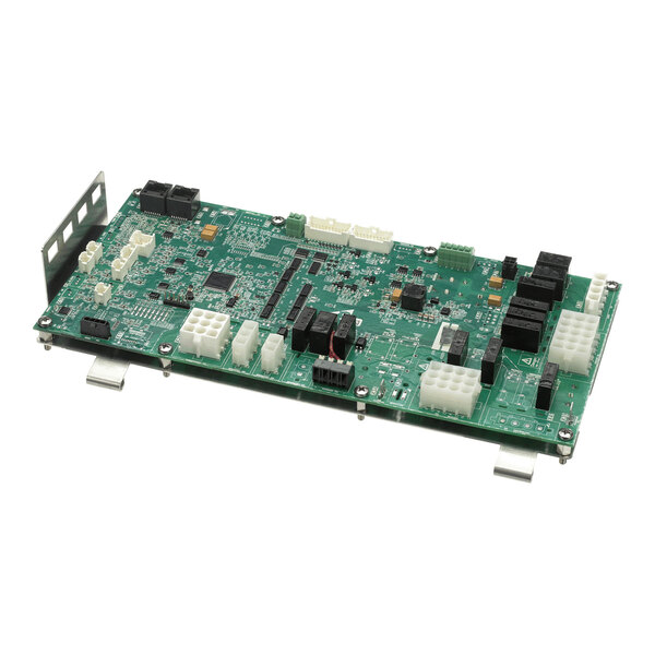 A green electronic circuit board with various connectors, components, and a metal mounting bracket attached.