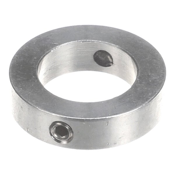 A metallic ring with a central hole and a small set screw on its side.