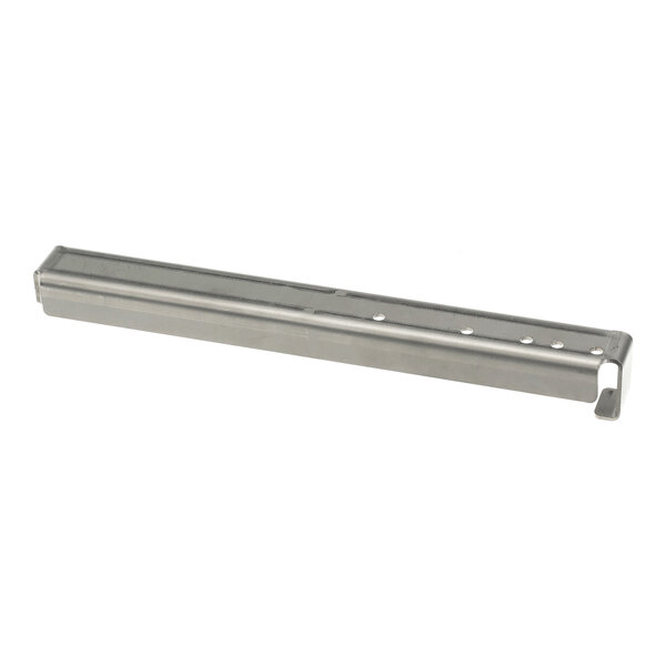 A metal bracket with a rectangular shape, several holes along one side, and a bent end.
