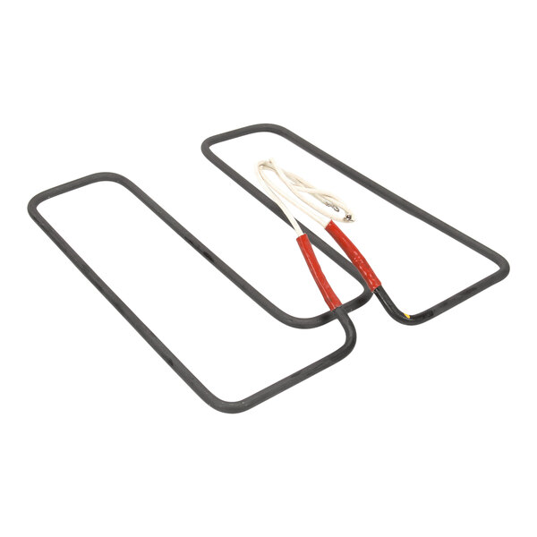 A rectangular, black metal heating element with two attached wires, one covered in red insulation and the other in white insulation.