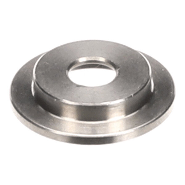 A metallic, circular washer with a raised center and a small central hole.