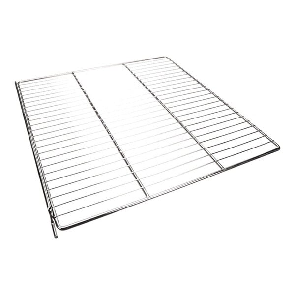A metal wire oven rack with a rectangular shape and evenly spaced bars.