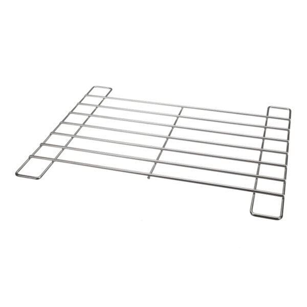 A rectangular metal wire rack with seven horizontal rungs and four raised corners, photographed on a white background.