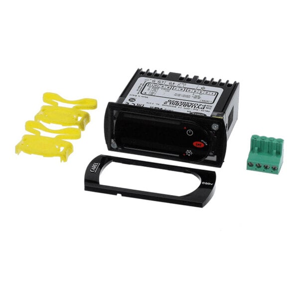 An electronic device with a digital display, yellow plastic clips, a black frame, and a green terminal block, all arranged on a white background.