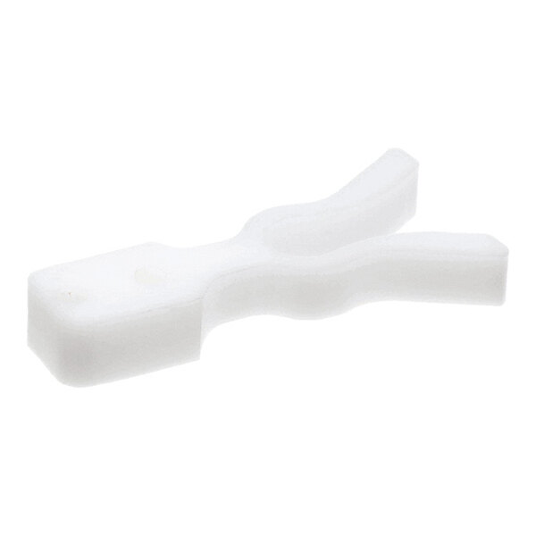 A white, plastic, fork-shaped component with a rectangular base and two prongs extending from one end.