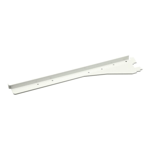 A white metal bracket with multiple holes and angled edges, likely designed for supporting a shelf.