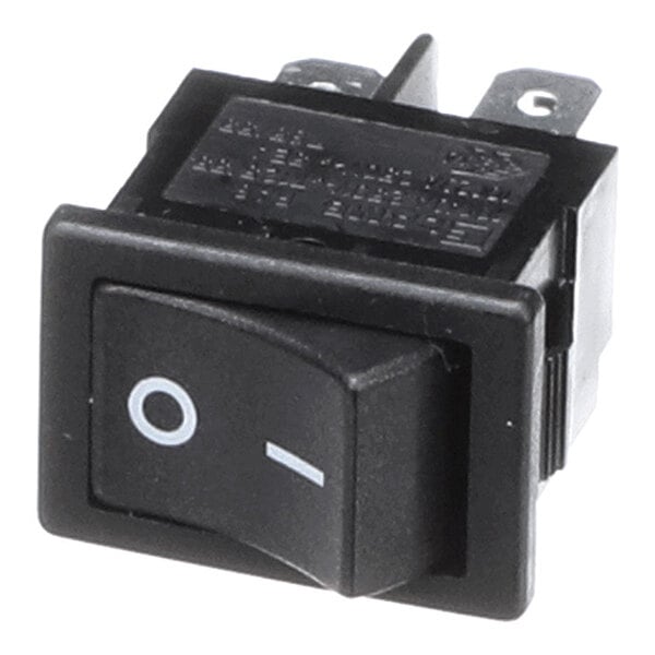A rectangular black rocker switch with a '|' and 'O' symbol, featuring metal terminals on the back.
