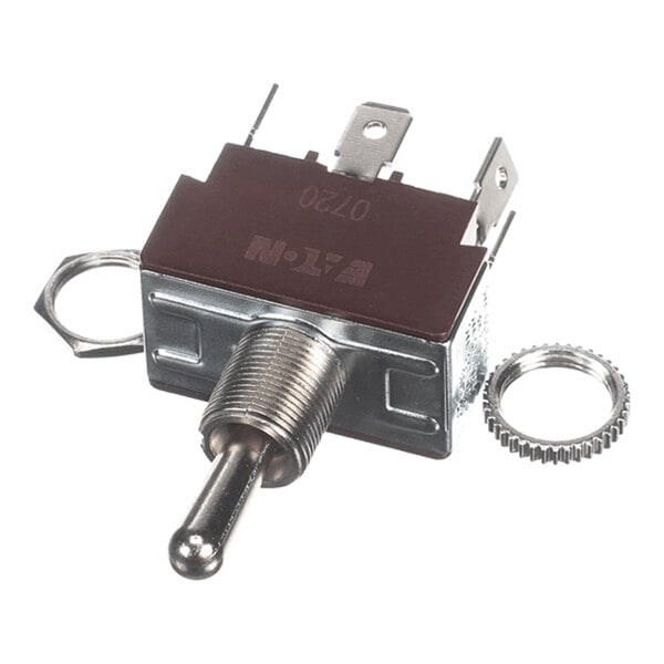 A metal toggle switch with a threaded mounting shaft, three electrical terminals, and two mounting rings.