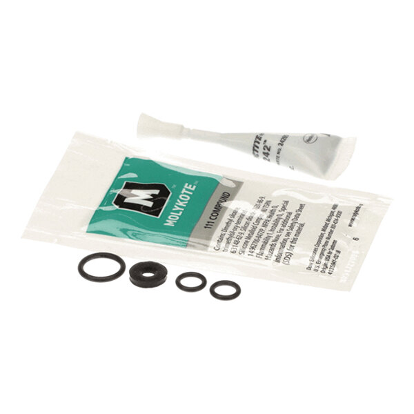 A set of small black rubber rings and a packet of lubricant or compound, along with an instruction sheet.