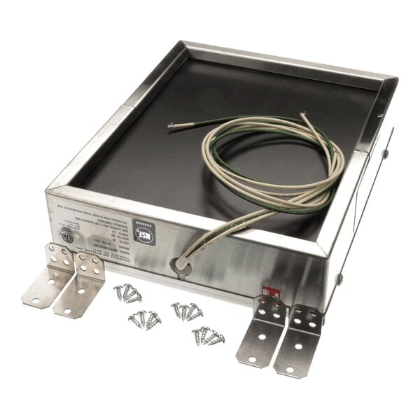 A rectangular metal heating element with attached wires, mounting brackets, and screws, displayed on a white background.