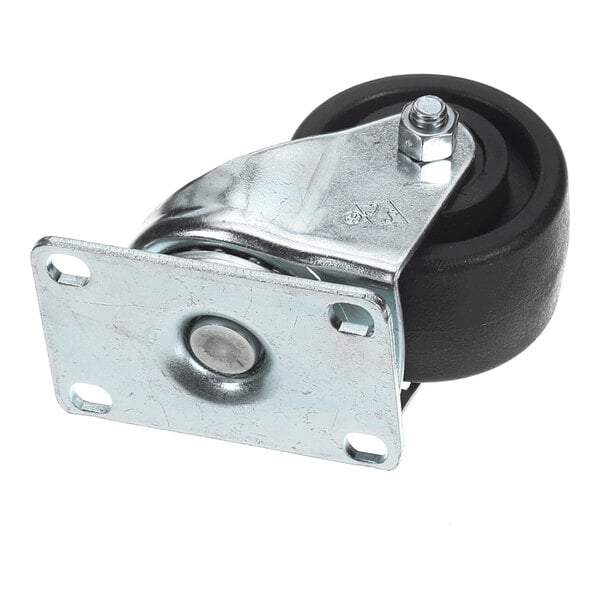 A metal caster wheel with a mounting plate and no brake, featuring a black wheel and silver hardware.
