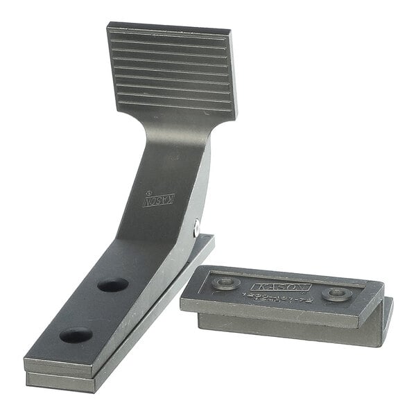 A metal foot-operated lever with a textured pedal and a separate rectangular mounting plate.