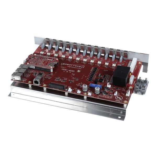 A red printed circuit board with various electronic components, connectors, and a metal mounting bracket.