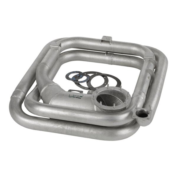 A set of metallic, tubular components with circular flanges and gaskets, likely part of a heat exchanger assembly.