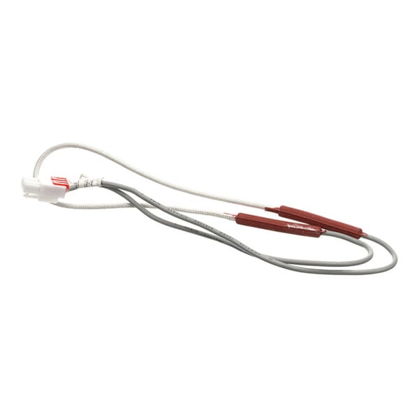 A flexible hose with a white connector on one end and two red insulated sections along its length.