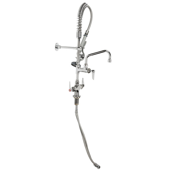 A chrome T&S pre-rinse faucet with a silver hose attached.