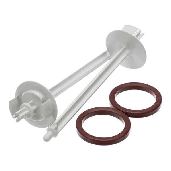 Two white plastic rods with circular ends and two brown circular rings are shown on a white background.
