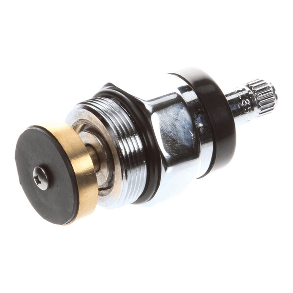 A metallic valve assembly with a threaded section, a brass and black circular end, and a grooved shaft.