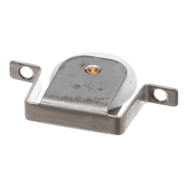 A metal bracket with a white wheel and two mounting holes on either side.