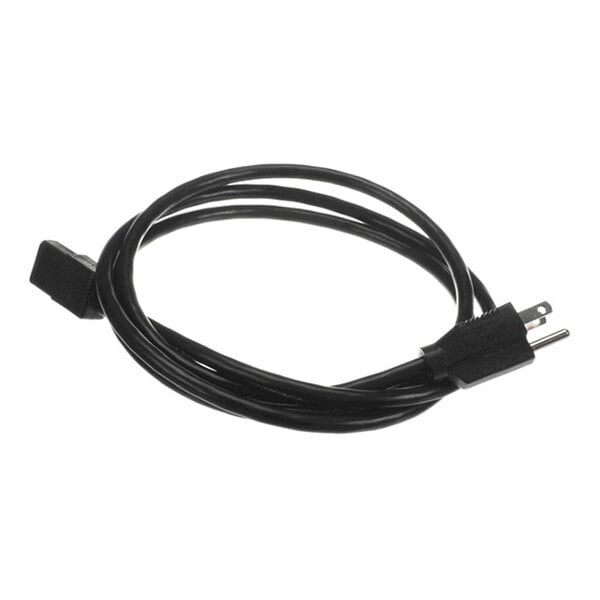 A coiled black power cord with a two-prong plug on one end and a rectangular connector on the other end.