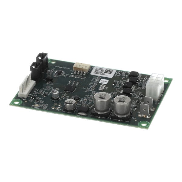 A green printed circuit board with various electronic components, connectors, and capacitors mounted on it.
