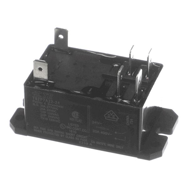 A black rectangular electrical relay with multiple metal prongs and mounting flanges on each side.