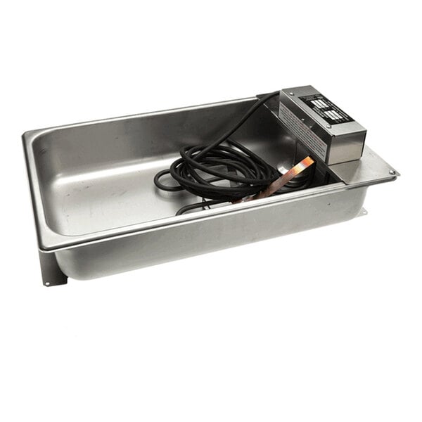 A rectangular metal pan with an attached electrical component and a coiled black power cord.
