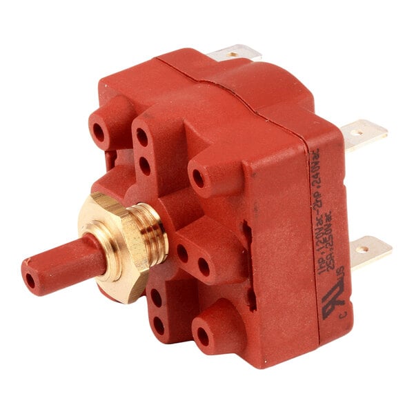 A red rotary switch with a brass mounting nut and multiple electrical terminals.
