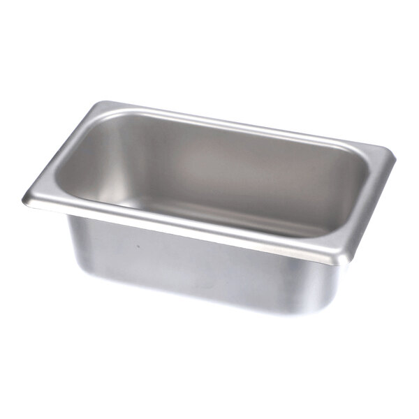 A rectangular stainless steel pan with rounded corners and a smooth finish.