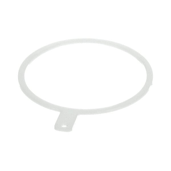 A white circular ring with a small tab featuring a hole, placed on a plain background.