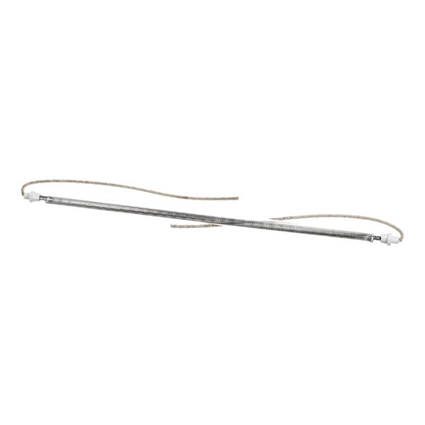 A long, thin, cylindrical heating element with wires extending from both ends, likely made of quartz and metal.