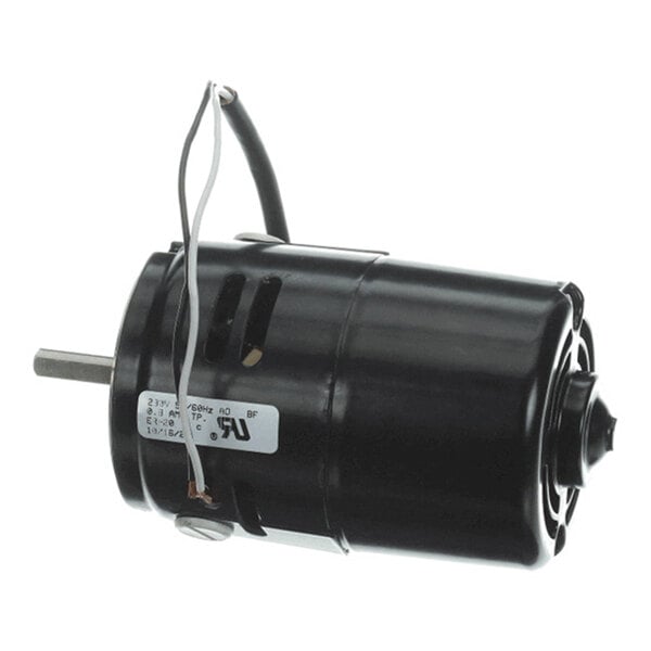 A cylindrical black electric motor with a protruding metal shaft and attached wires.