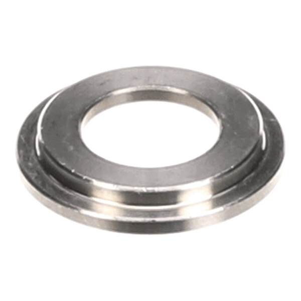 A metallic, circular washer with a large central hole and a slightly raised inner ring.