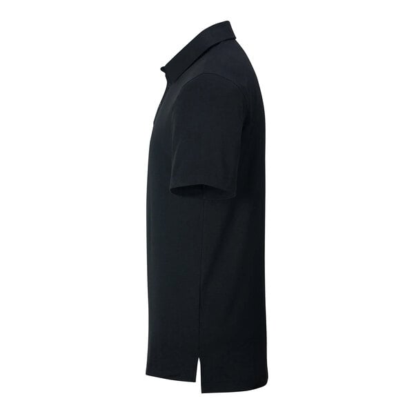 A black short-sleeve polo shirt shown from the side with a collar and a straight hem featuring a small side slit.