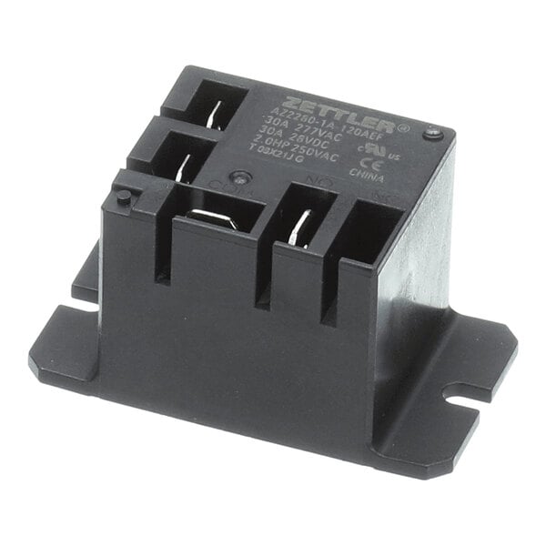 A black rectangular electrical relay with four metal terminals and mounting flanges, featuring printed specifications on the top surface.