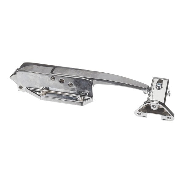 A metallic door handle assembly with a lever and mounting bracket, shown against a white background.