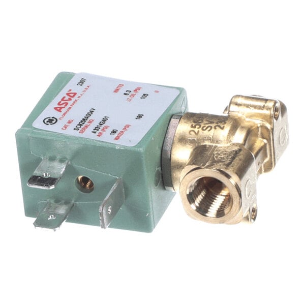 A brass and green solenoid valve with electrical terminals and a labeled white sticker on top.