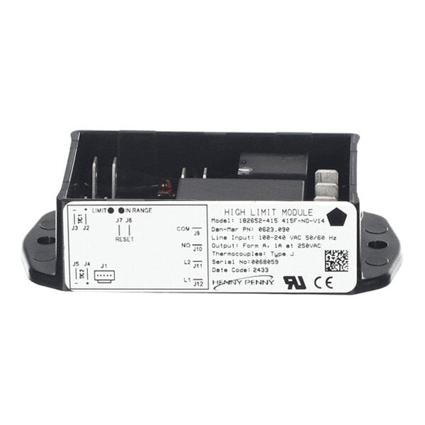 A rectangular electronic module labeled 'HIGH LIMIT MODULE' with various connection terminals and printed technical specifications on its front panel.