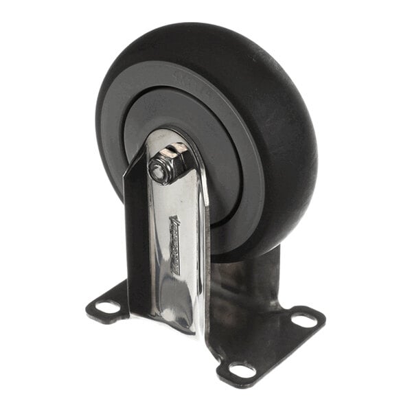 A single rigid caster wheel with a black rubber-like tire and a metal mounting plate featuring four holes for attachment.