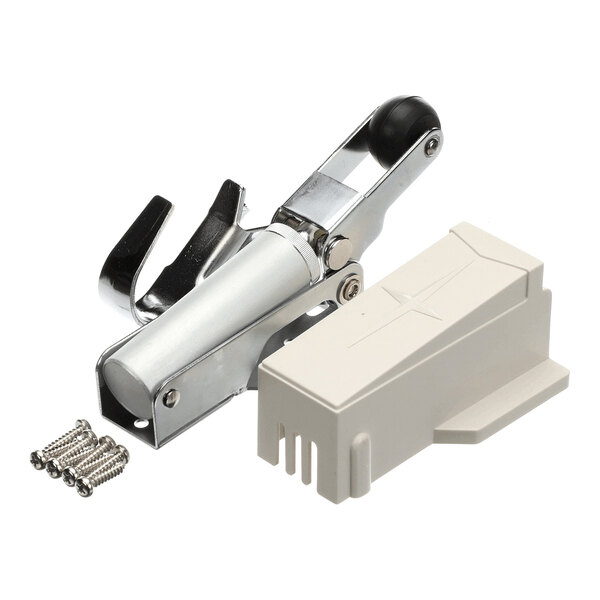 A metal door closer mechanism with a black roller, a beige plastic cover, and a set of screws.