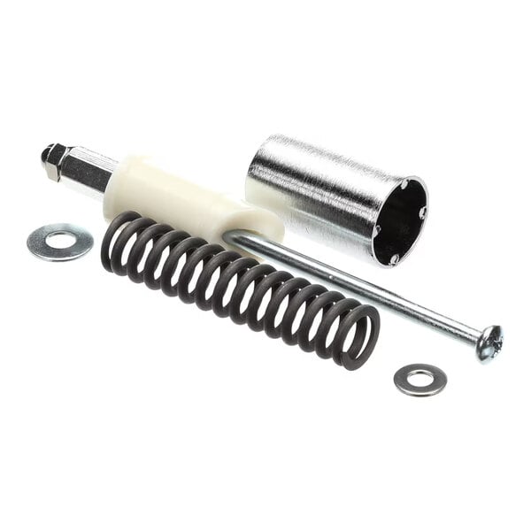 A set of metal hardware components including a coiled spring, a cylindrical sleeve, a rod with a screw head, washers, and a plastic piece.