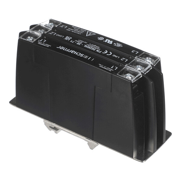 A black rectangular electrical component with three screw terminals on top, labeled L1, L2, and L3, and various certification markings.