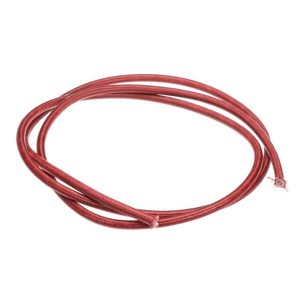 A coiled length of red, braided wire with frayed ends, shown against a white background.